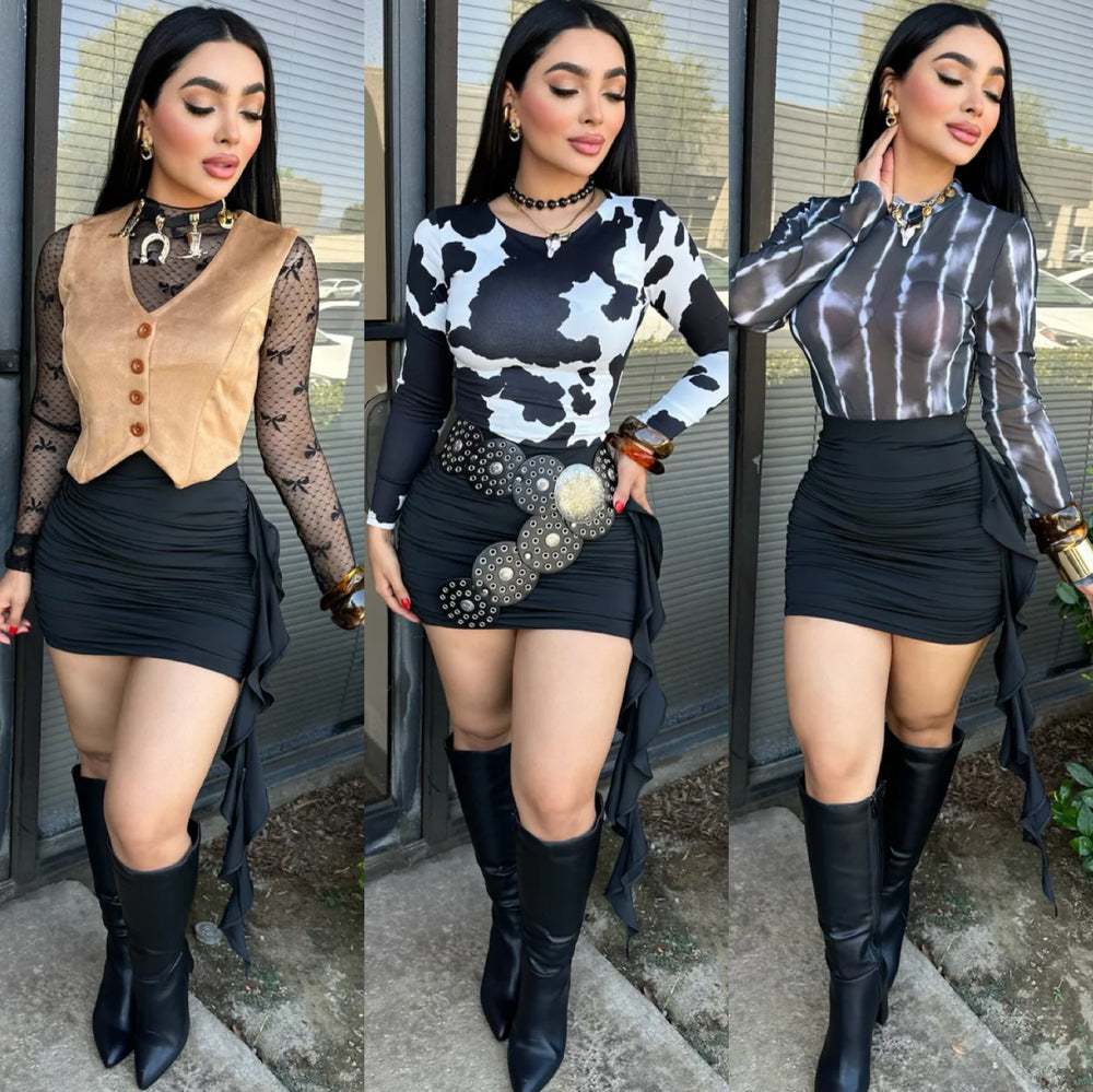 Three different outfits worn by a person with a cityscape background