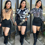 Three different outfits worn by a person with a cityscape background