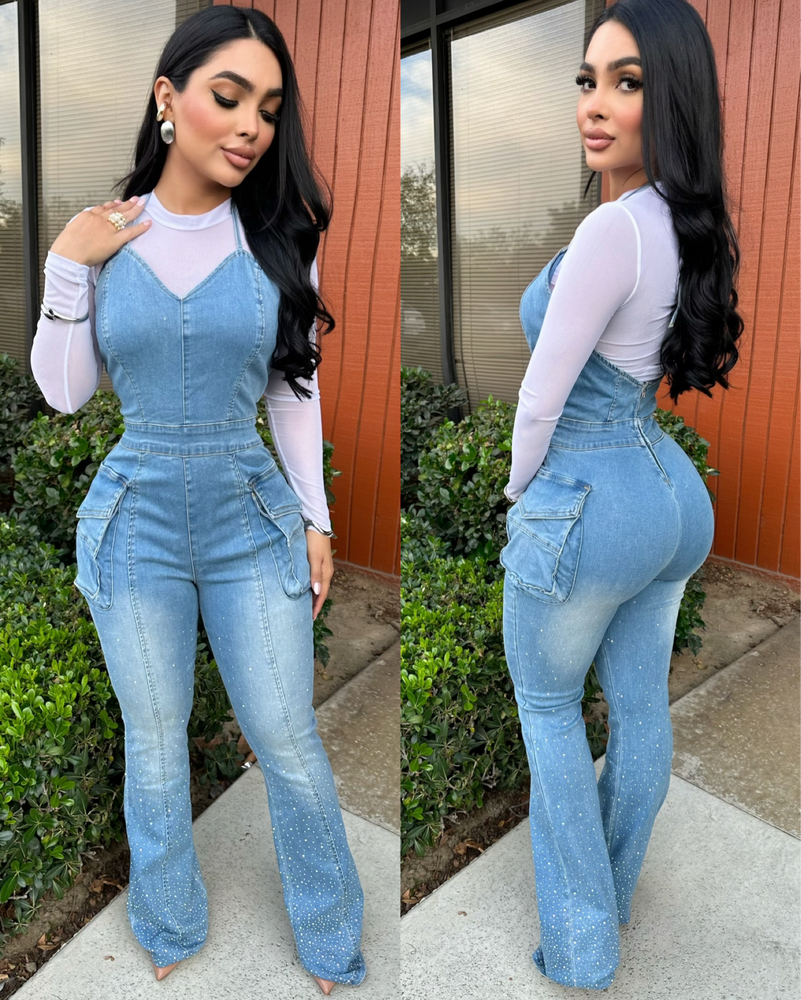 Prissy Rhinestone Denim Jumpsuit