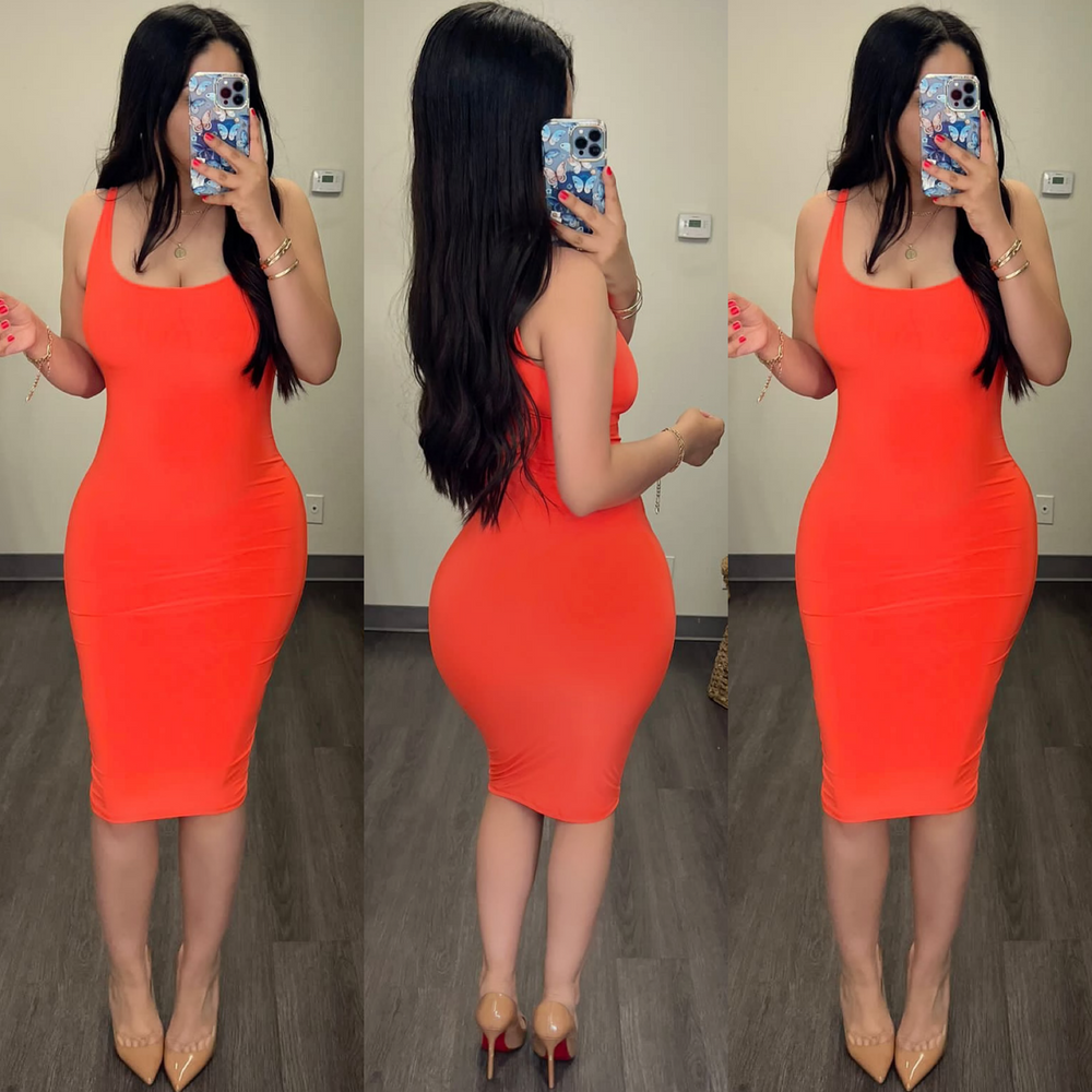 
            
                Load image into Gallery viewer, Karla Neón Orange Midi Dress
            
        